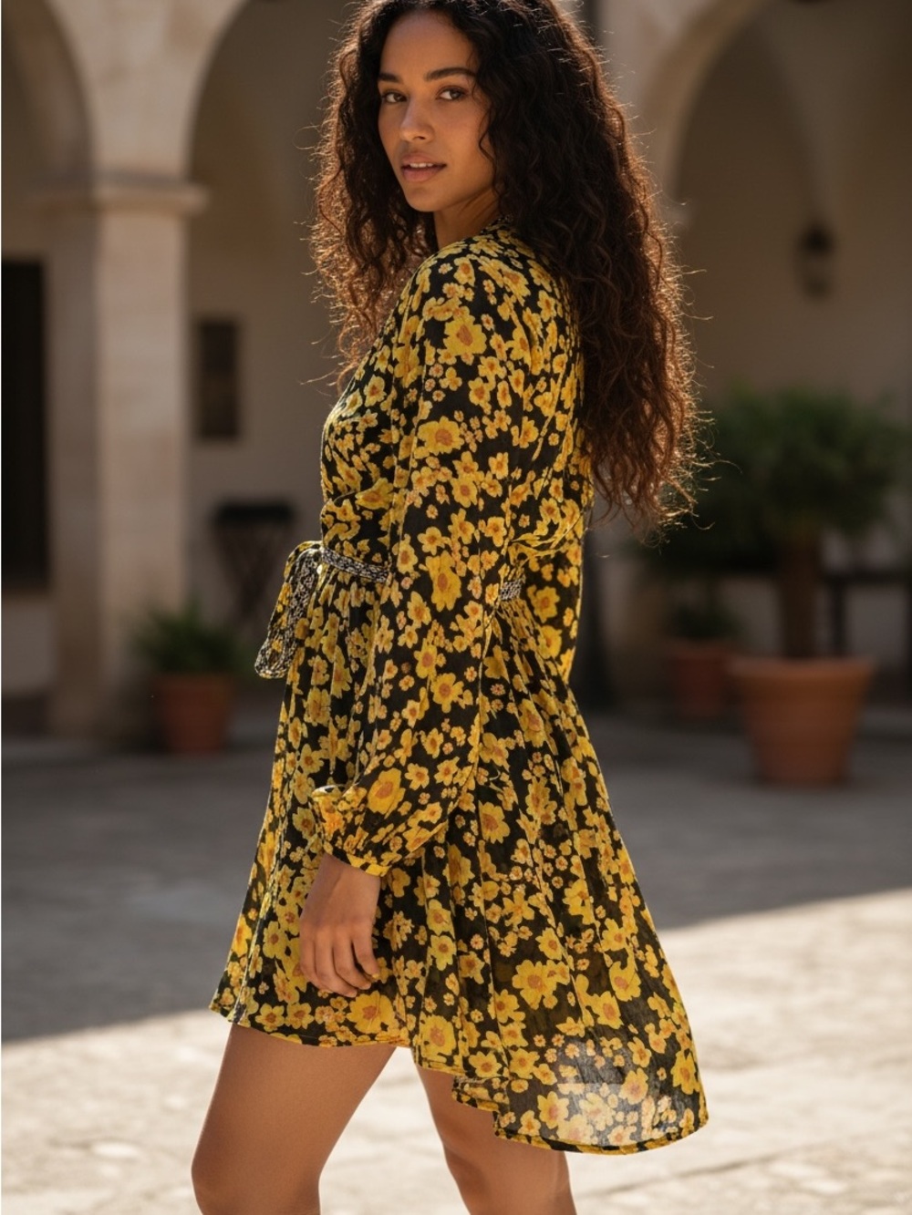 Free People Black Tunic Mini Dress with Yellow Floral Print